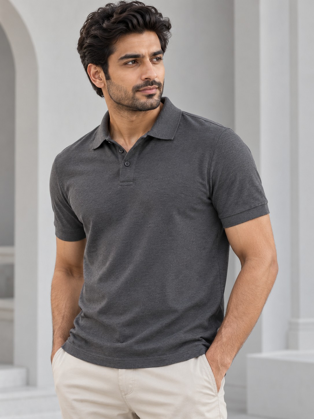 Mercerised Open-Collar Resort Polo in Charcoal Grey