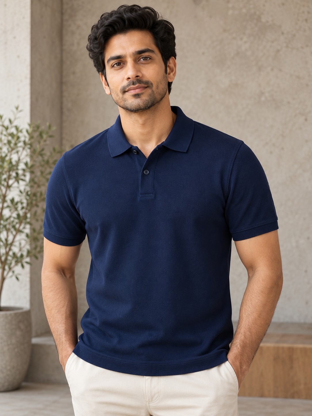 Zip-Neck Textured Knit Polo in Deep Navy