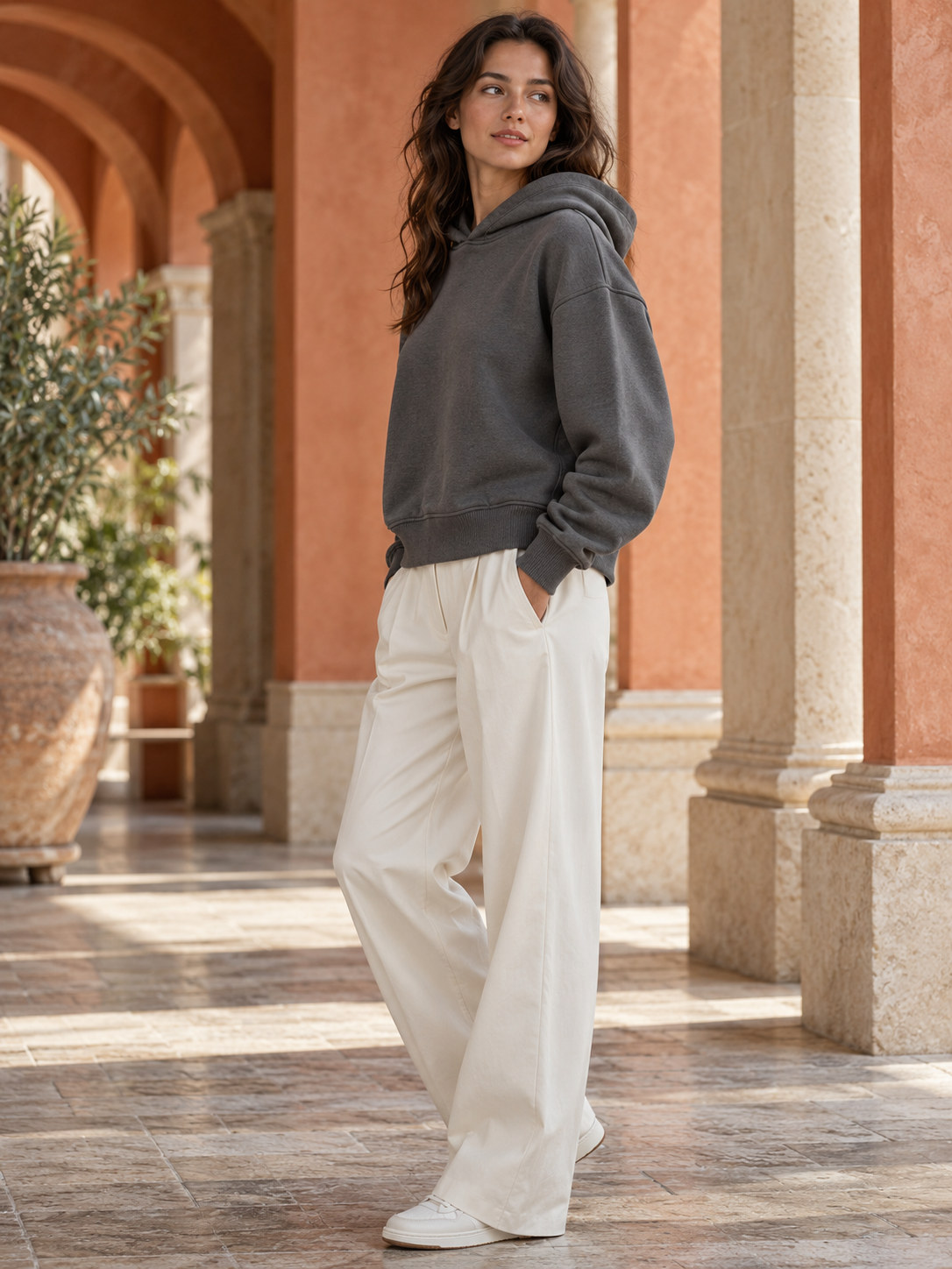Ribbed Inset Everyday Hoodie in Chalk White