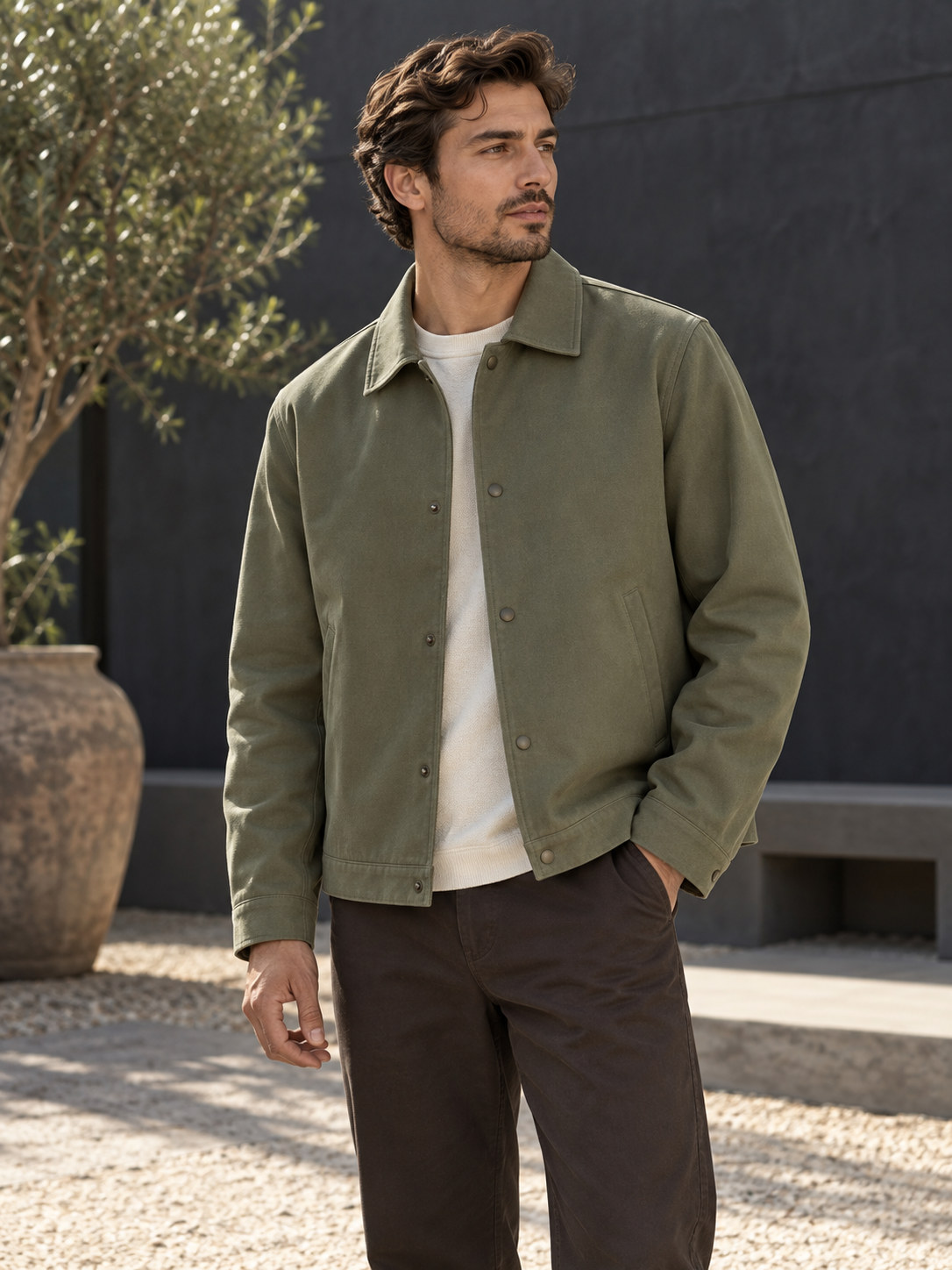Brushed Twill Tailored Coach Jacket in Sage Olive