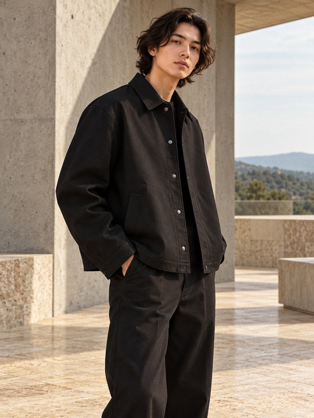 Minimalist Boxy Snap-Button Jacket in Onyx Black