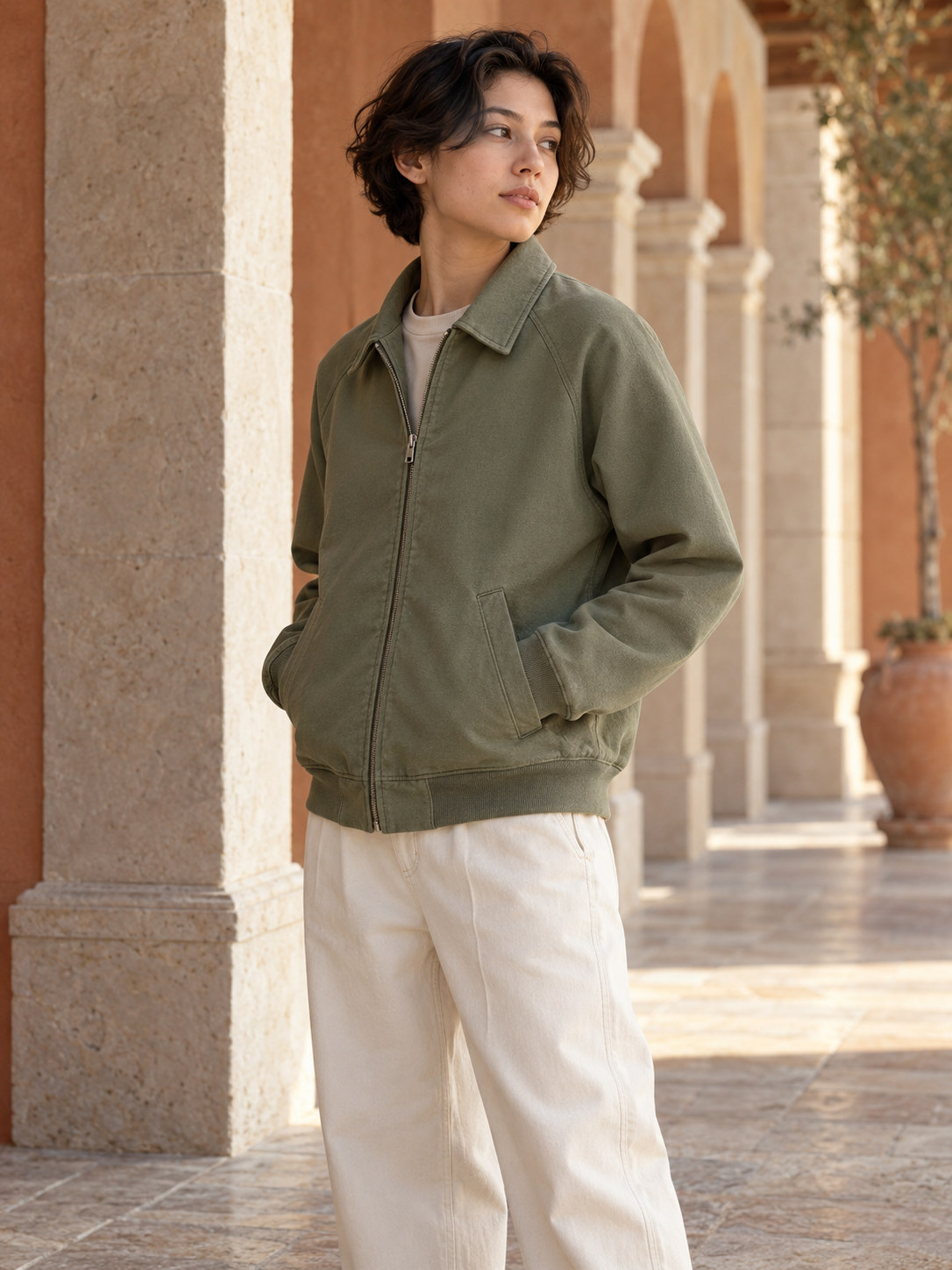 Loopback Cotton Raglan Zip Jacket in Sage Olive
