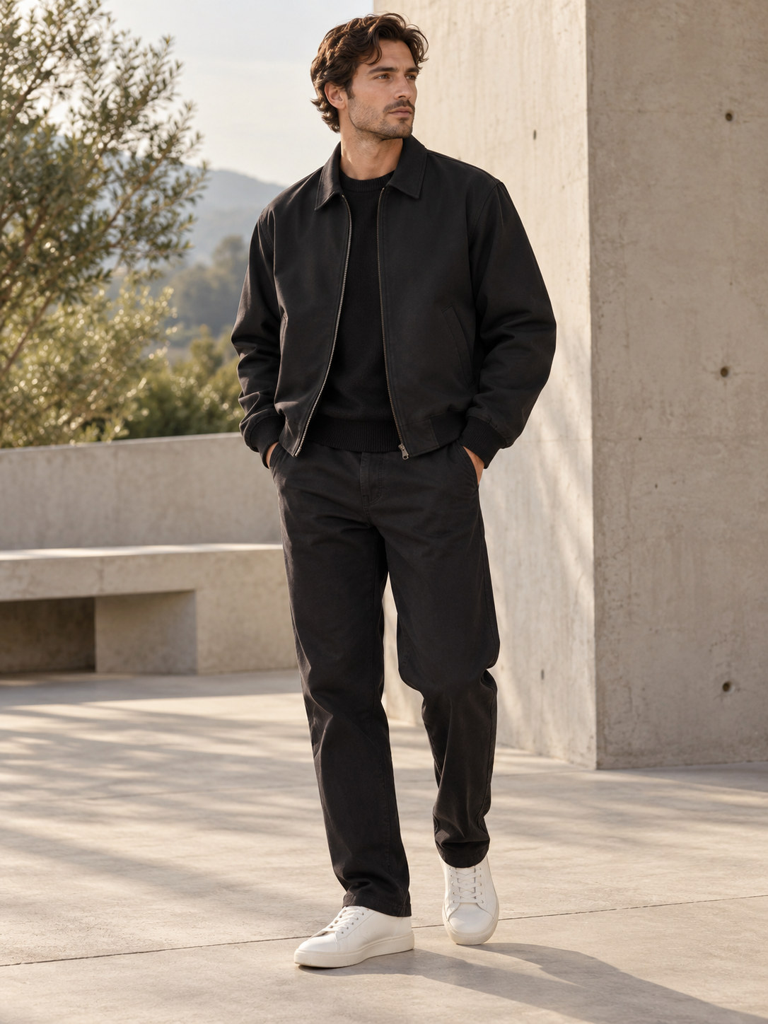 High-Density Poplin Bomber Jacket in Onyx Black