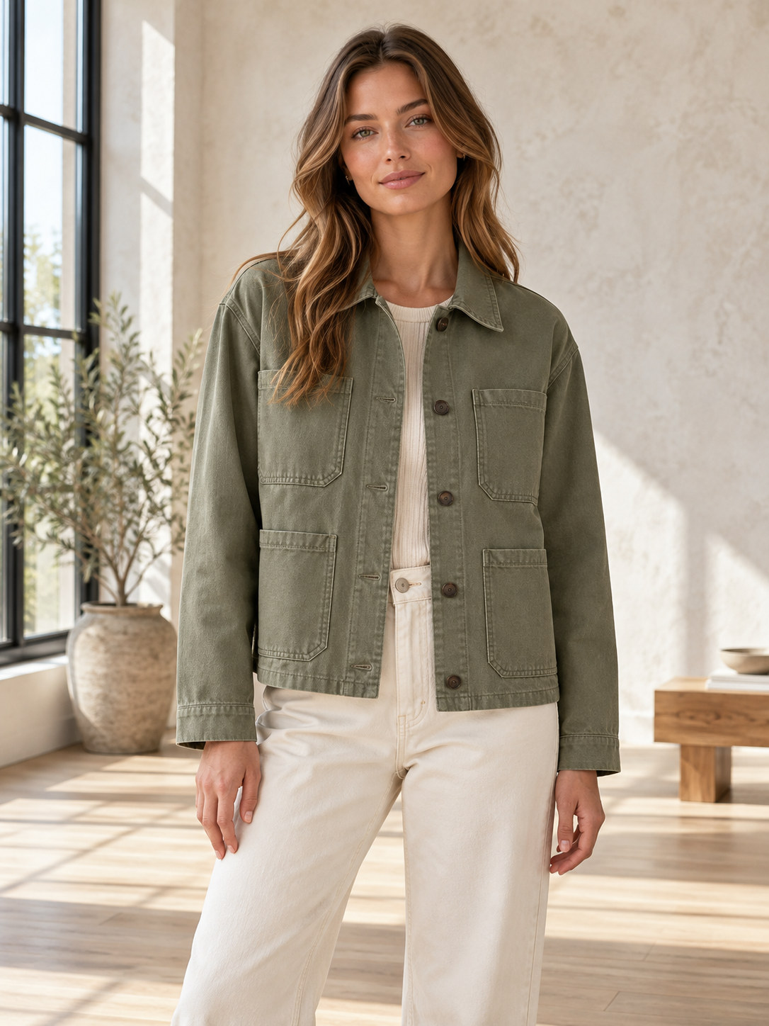 Raw Edge Casual Utility Jacket in Sage Olive