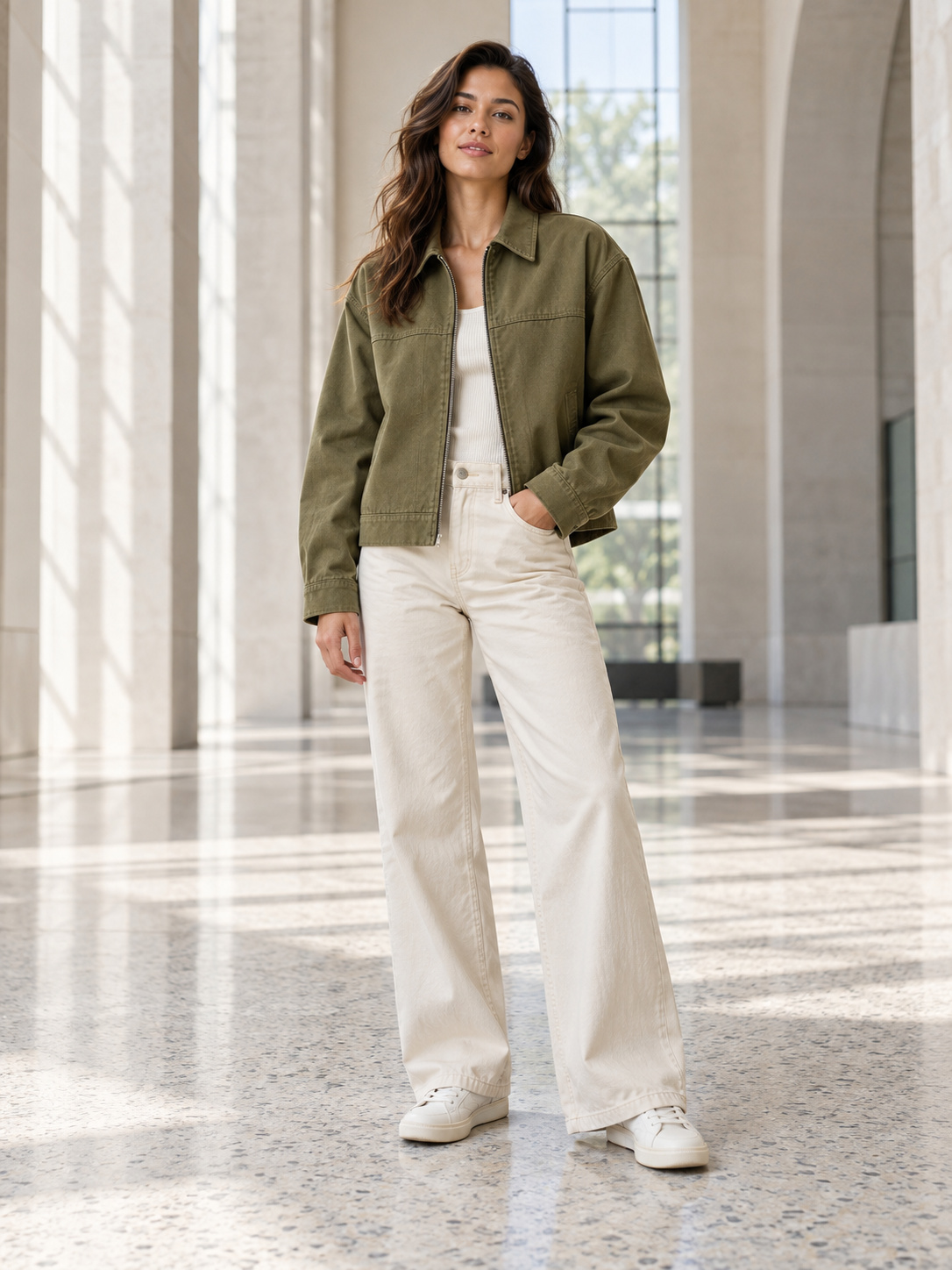 Architectural Silhouette Zip Jacket in Sage Olive