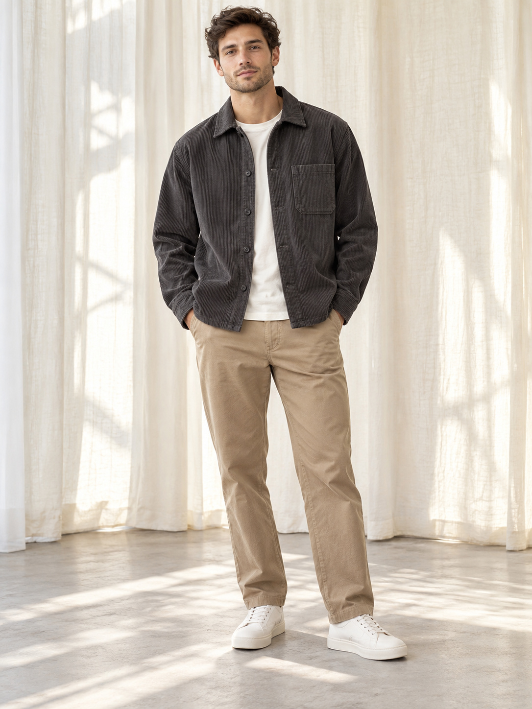 Textured Corduroy Casual Overshirt in Charcoal Grey
