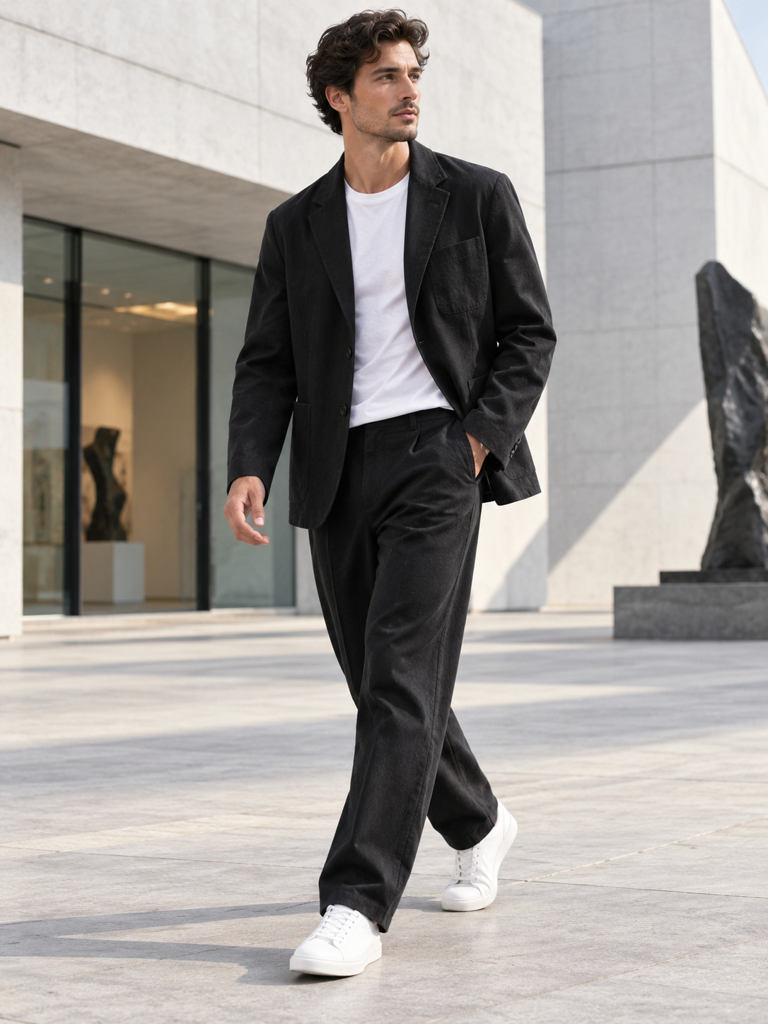 Unstructured Tailored Cotton Blazer in Onyx Black