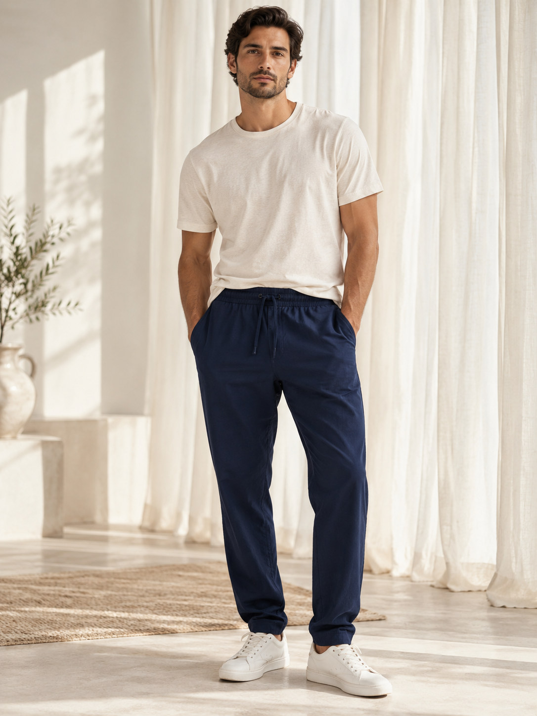 Relaxed Fit Cotton Linen Pant in Sage Olive