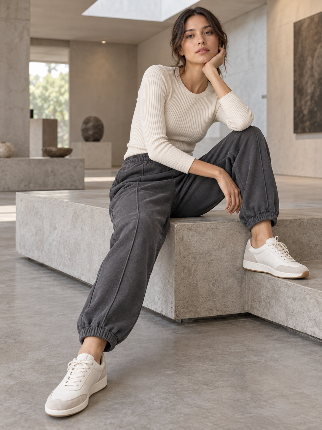 Structured Pintuck Jogger in Earthy Taupe