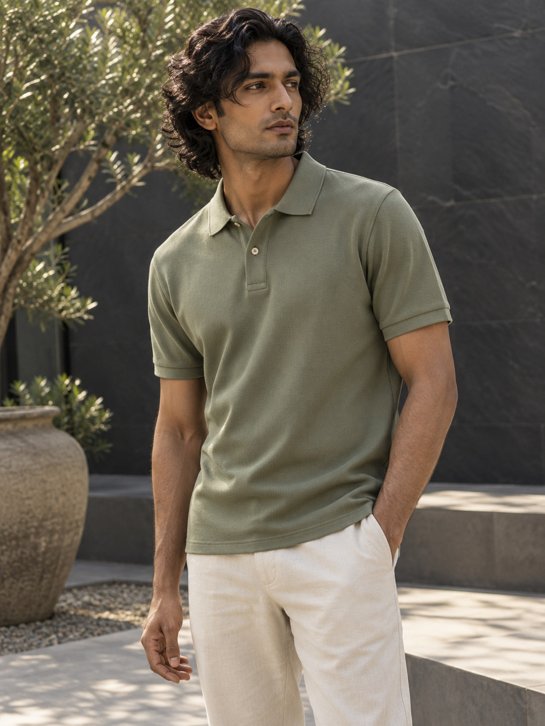 Structured Knit Casual Polo in Onyx Black