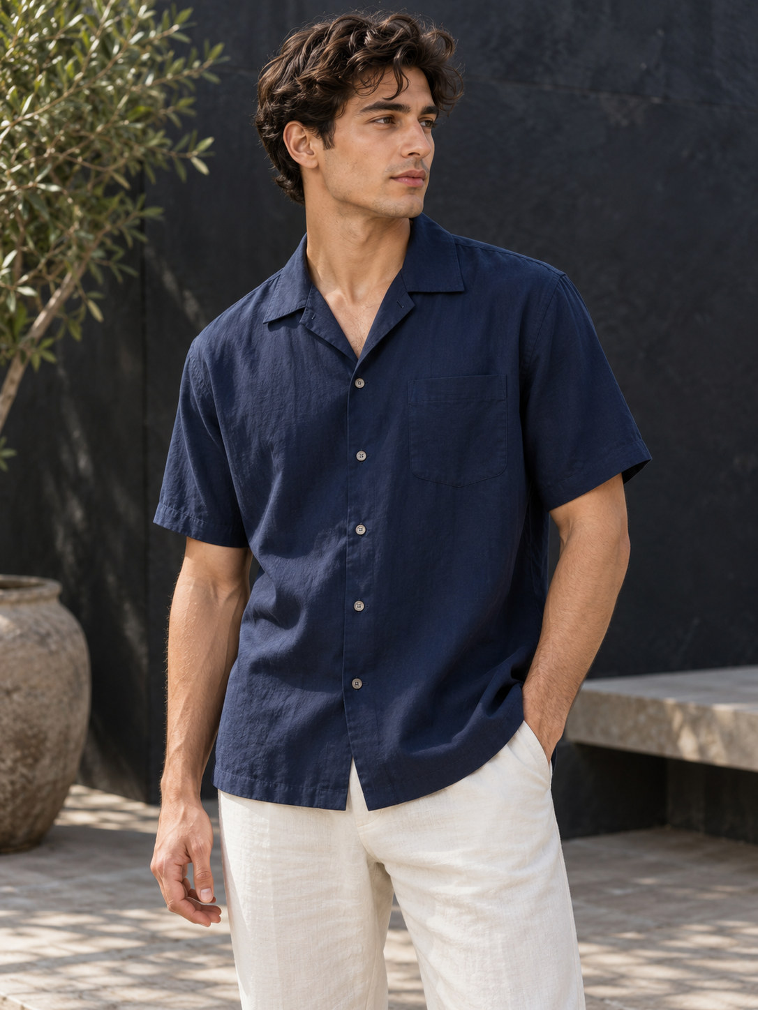 Camp Collar Linen Resort Shirt in Deep Navy