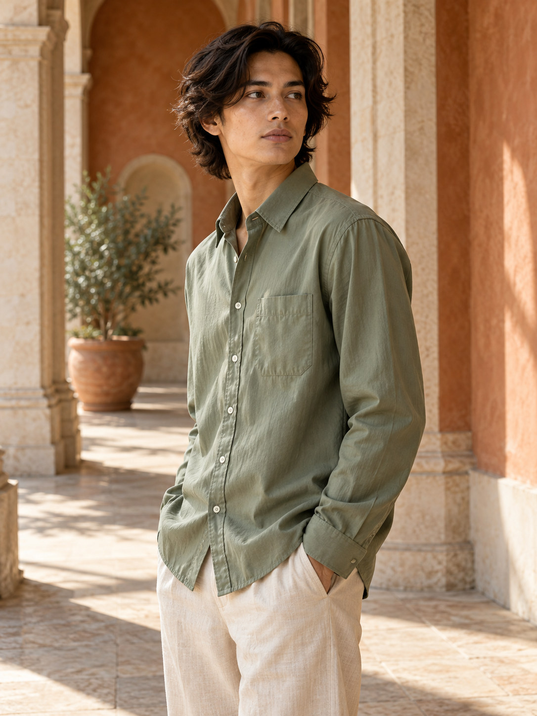 Garment Washed Cotton Poplin Shirt in Sage Olive