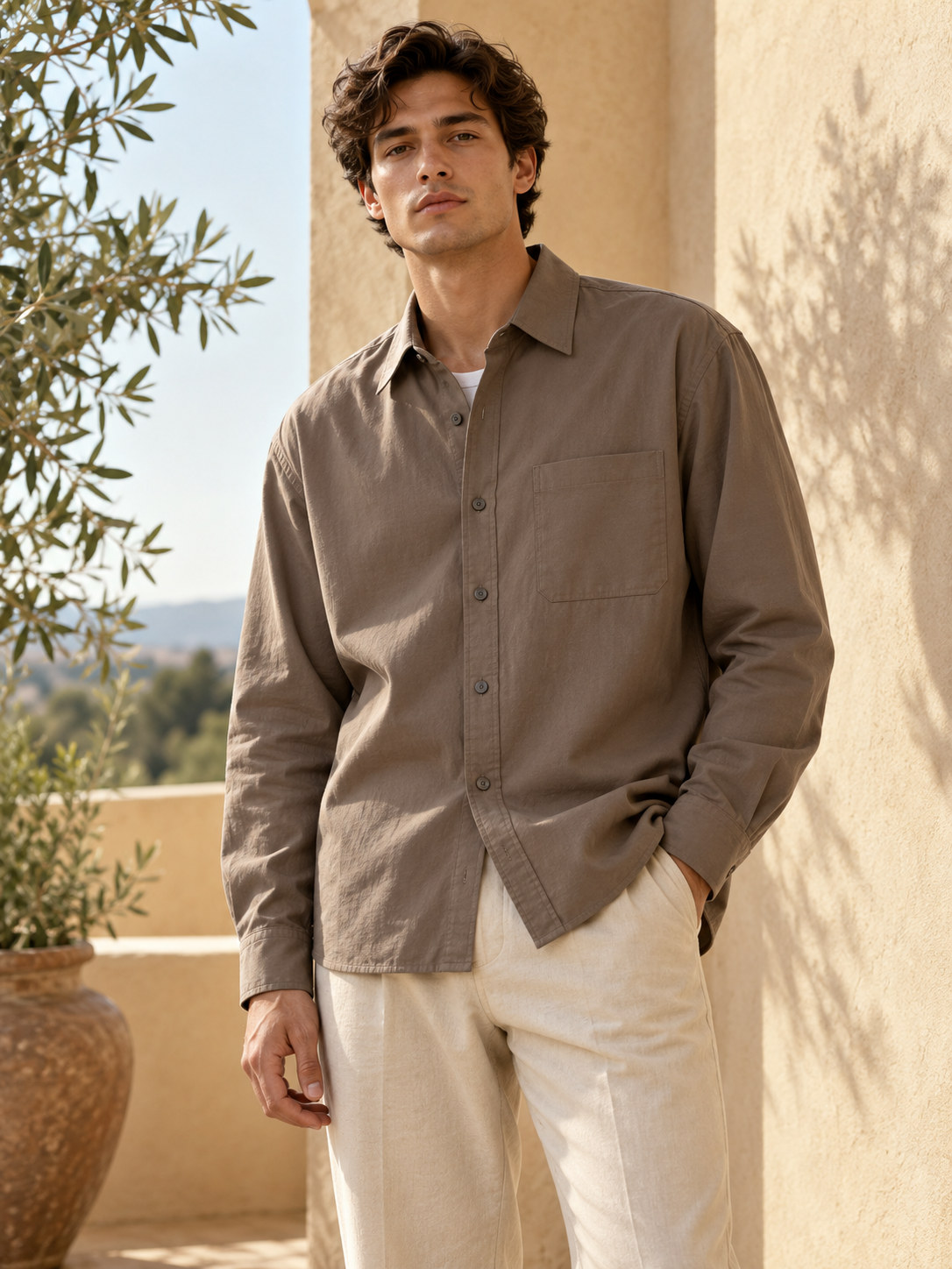 Structured Twill Overshirt in Earthy Taupe