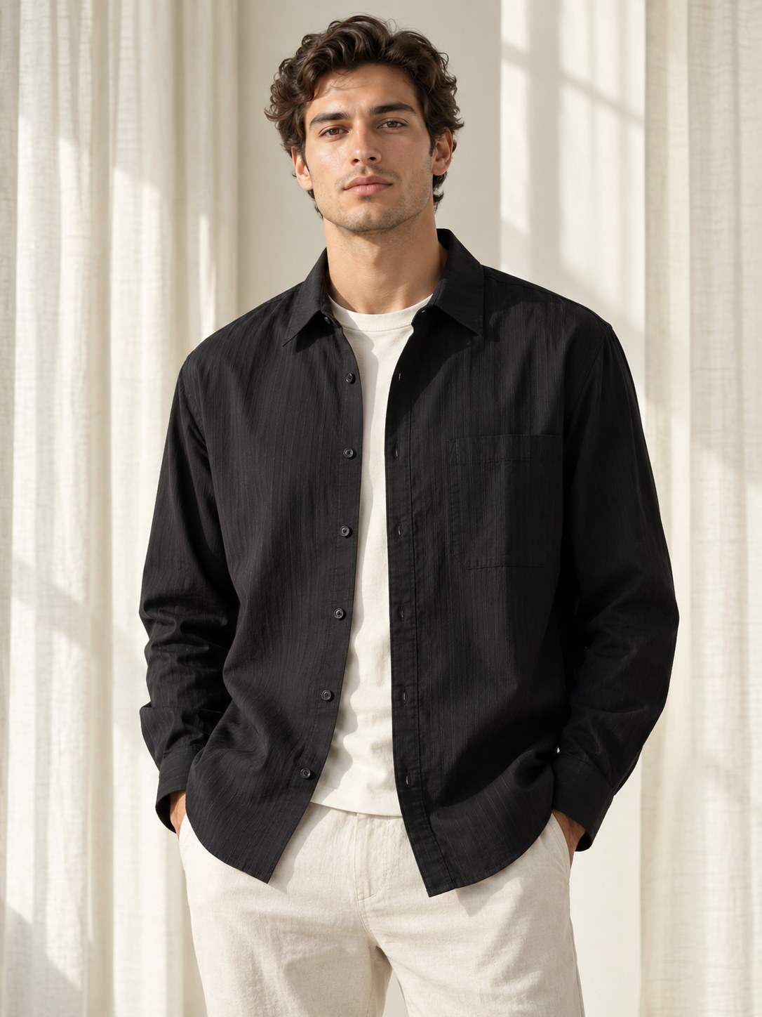Striped Poplin Casual Overshirt in Onyx Black