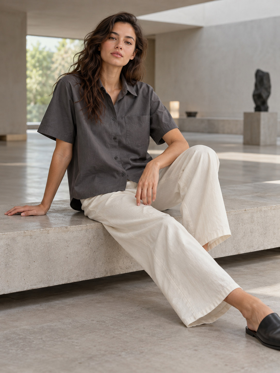 Raw Edge Studio Short-Sleeve Shirt in Charcoal Grey