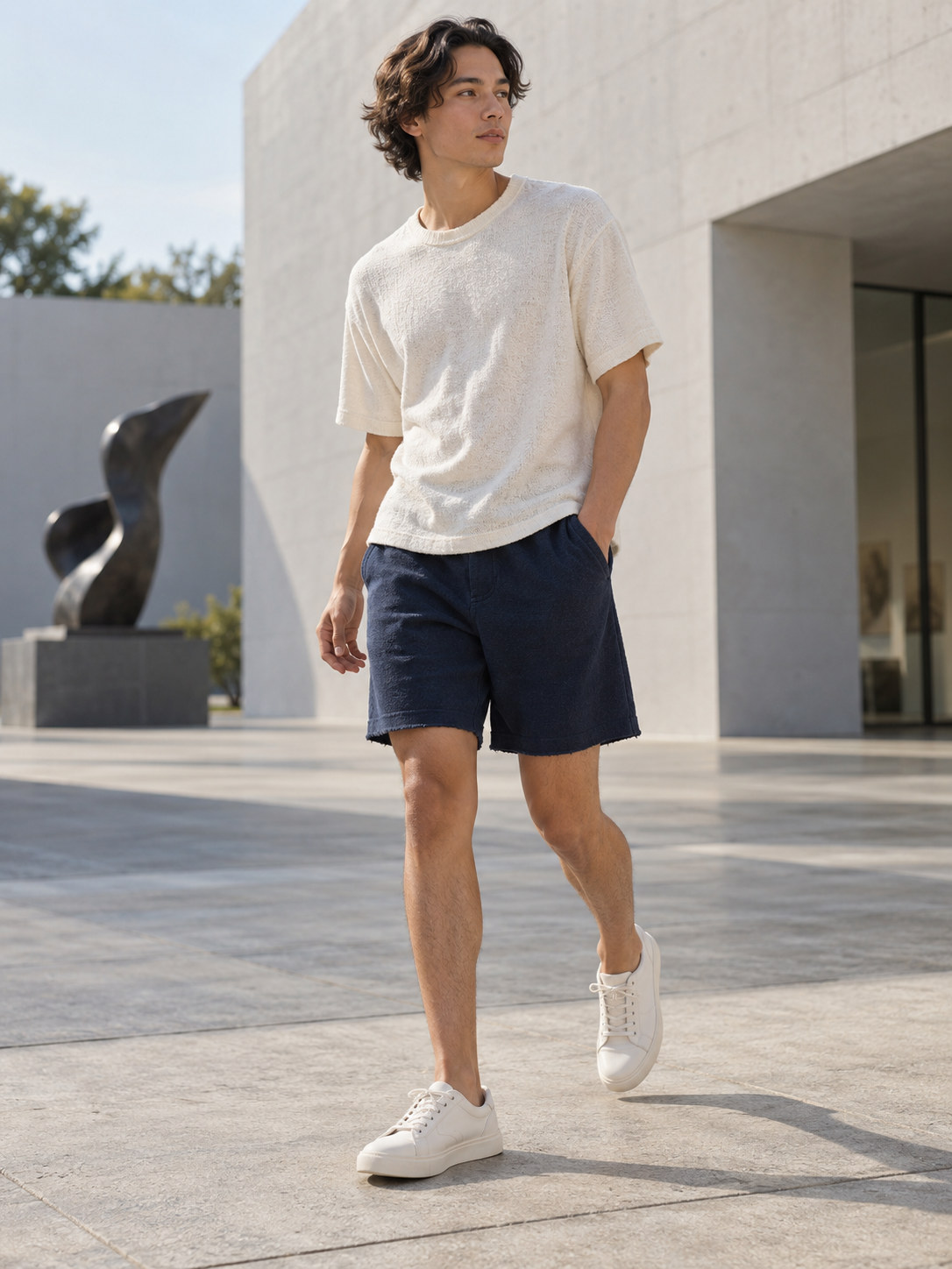 Raw Hem Slouchy Cotton Shorts in Deep Navy