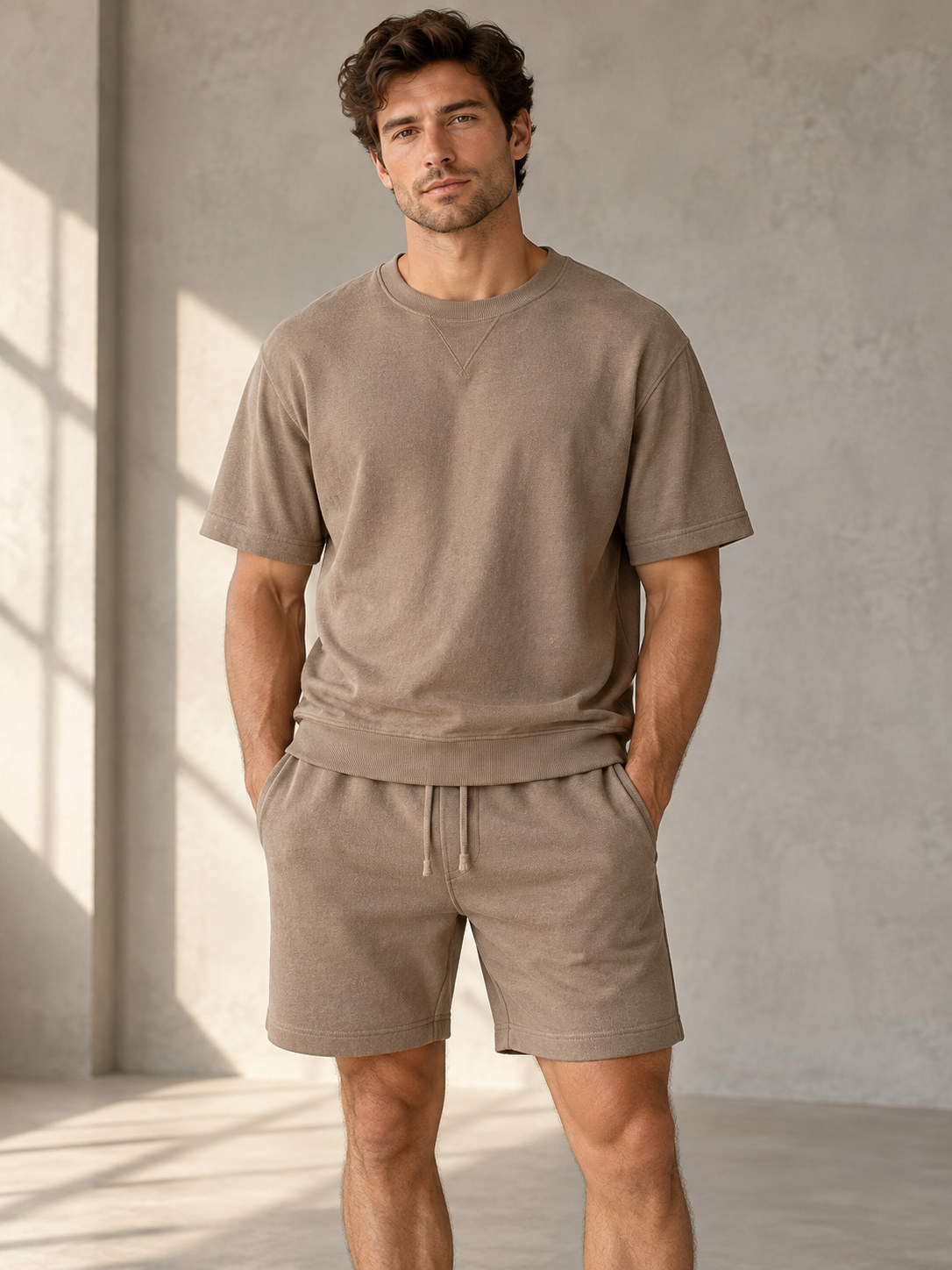 Micro-Rib Trim Loungewear Shorts in Earthy Taupe