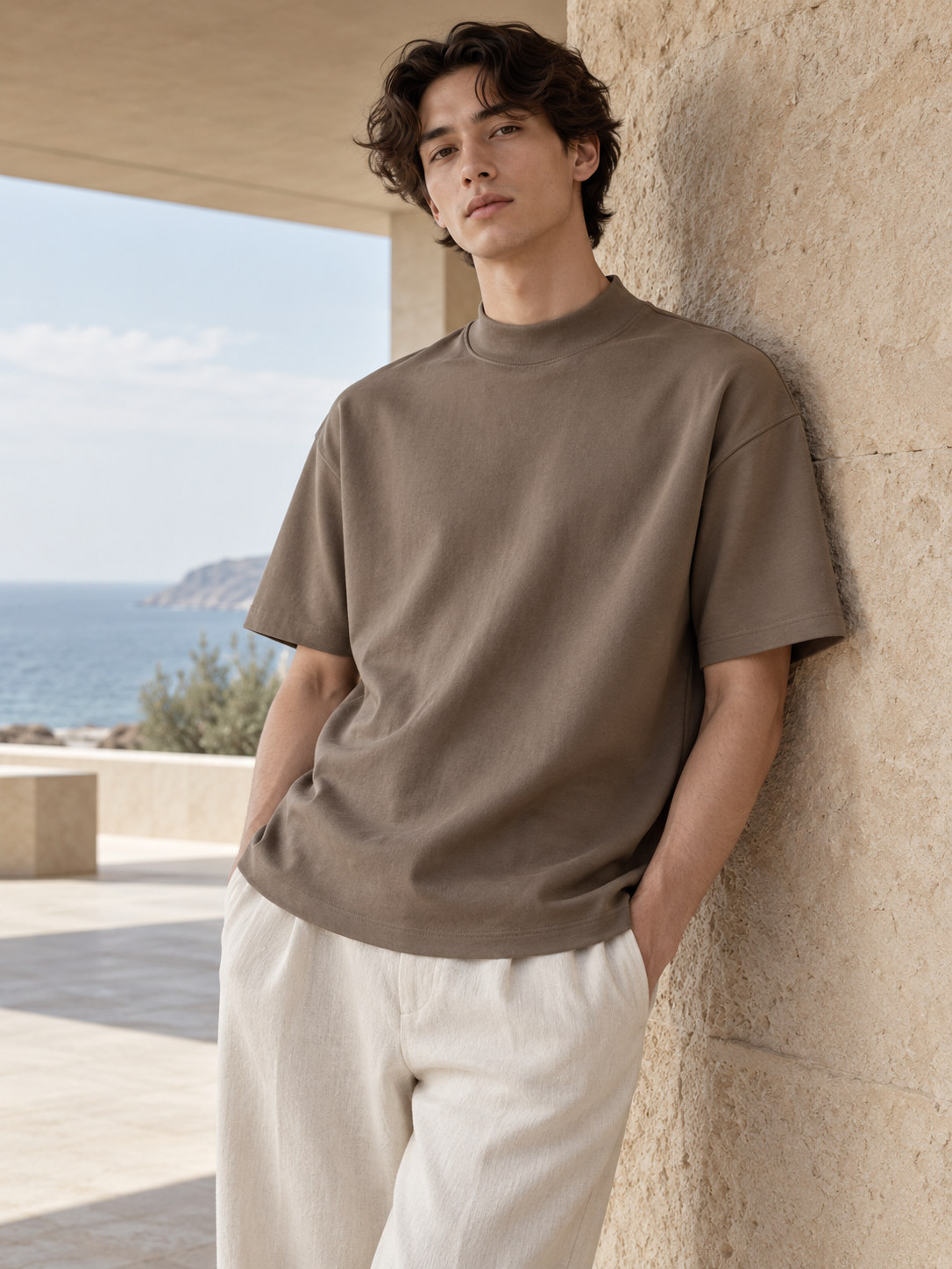 Structured Mock Neck Tee in Earthy Taupe
