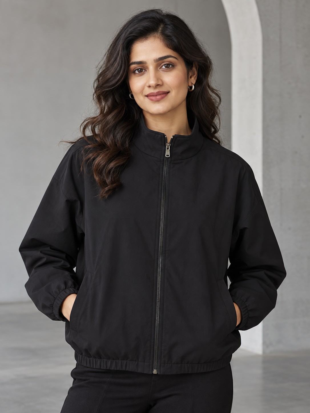 Relaxed Camp Collar Zip Overshirt in Onyx Black