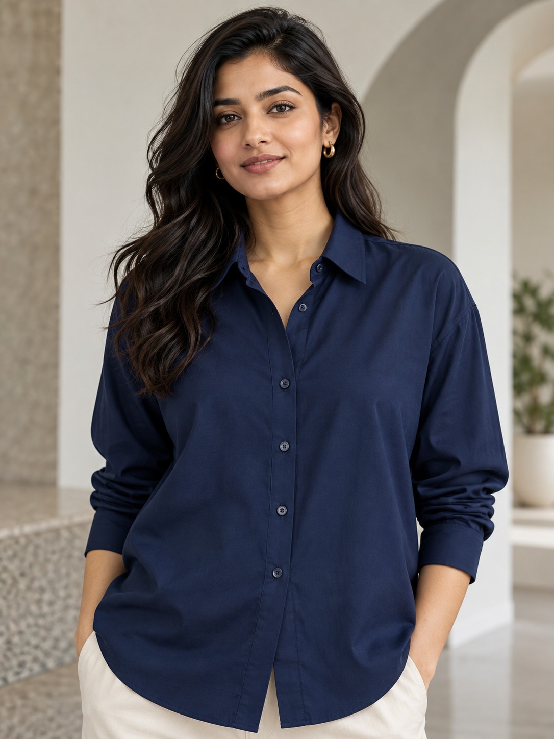 Clean Hem Slouch Button-Down in Deep Navy